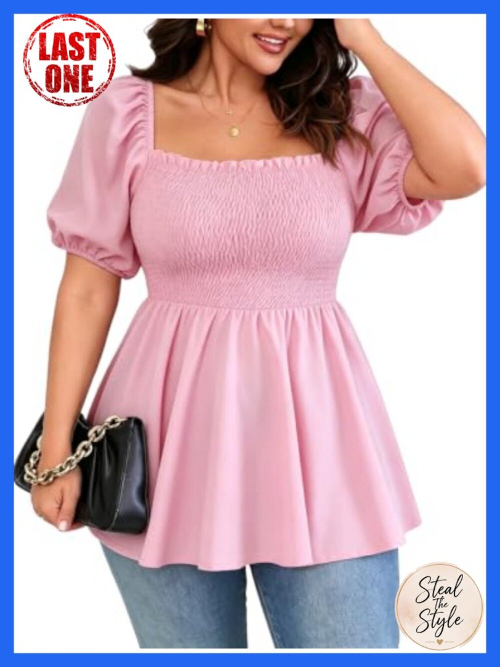 Plus Size Peplum Blouse Smocked Ruffle Hem Puff Sleeve Square Neck